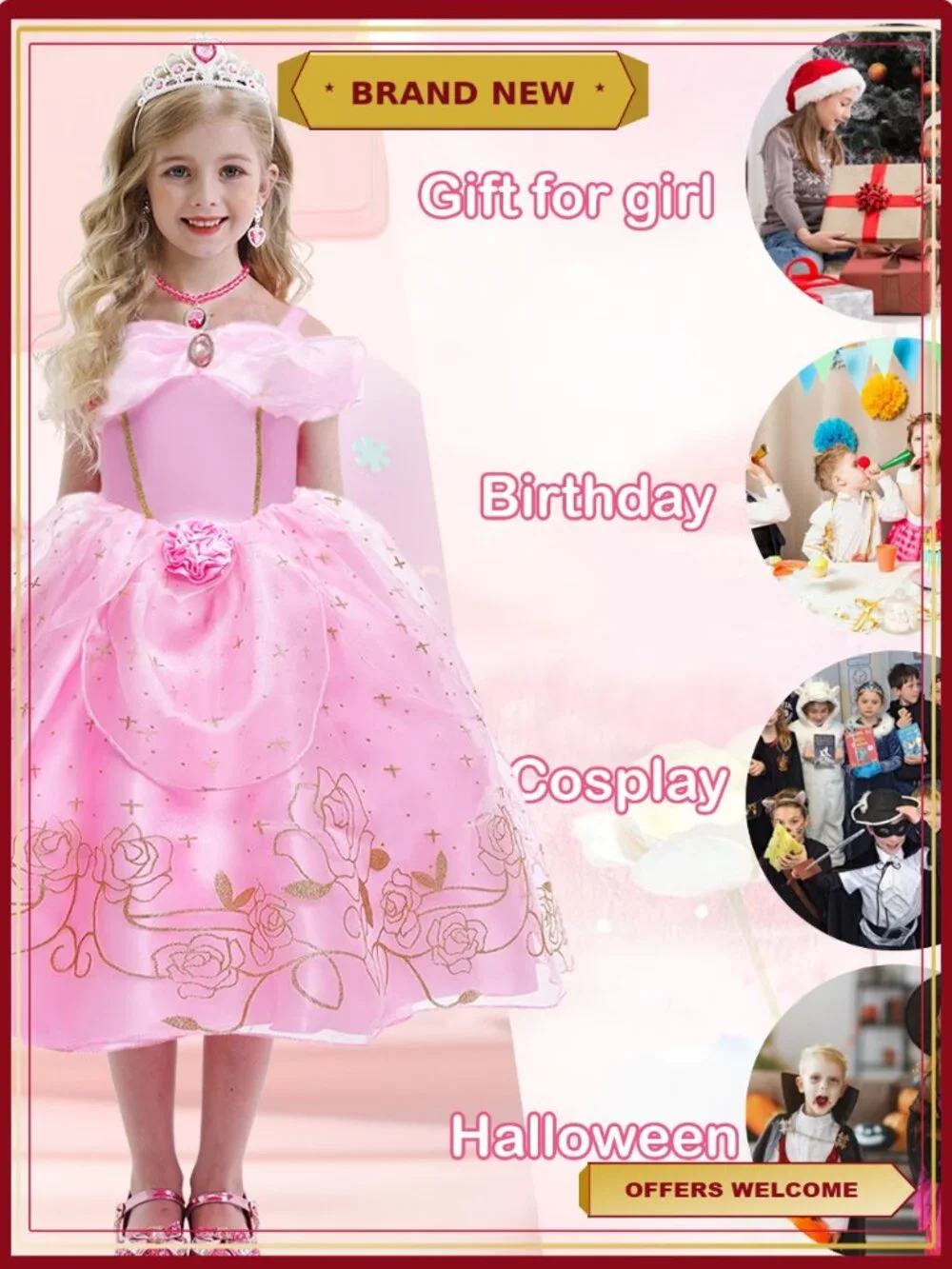 Girls Pink Princess Costume Dress Up with Accessories Halloween Party